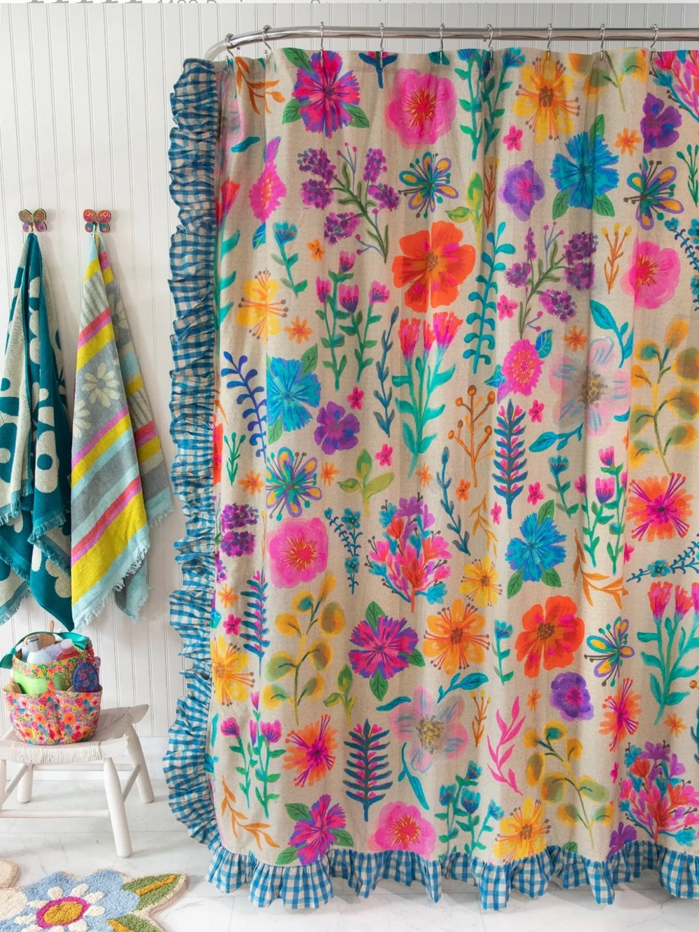 Boho Rainbow Garden Cream Floral Cottagecore Ruffled Shower Curtain Gingham